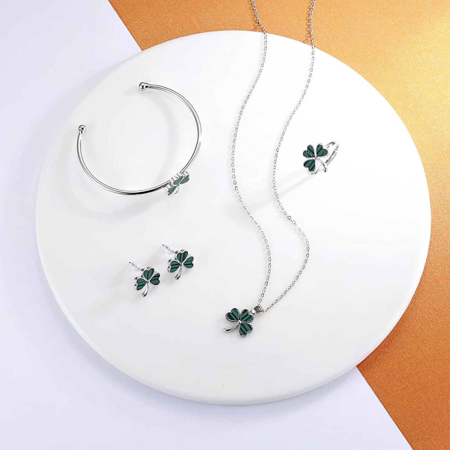 Shamrock St. Patrick'S Day Necklace Earrings Ring Bracelet Jewelry Set Green Three Leaf Heart Clover Jewelry Gift for Women