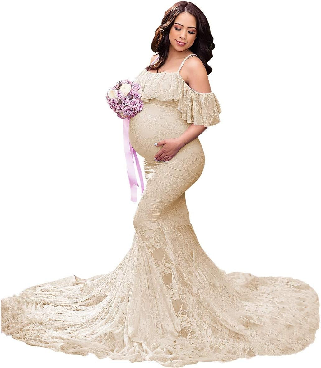 MYRISAM Women Maternity Lace Mermaid Gown off Shoulder Ruffle Slim Fitted Photo Shoot Wedding Party Prom Baby Shower Dress