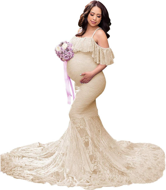 MYRISAM Women Maternity Lace Mermaid Gown off Shoulder Ruffle Slim Fitted Photo Shoot Wedding Party Prom Baby Shower Dress