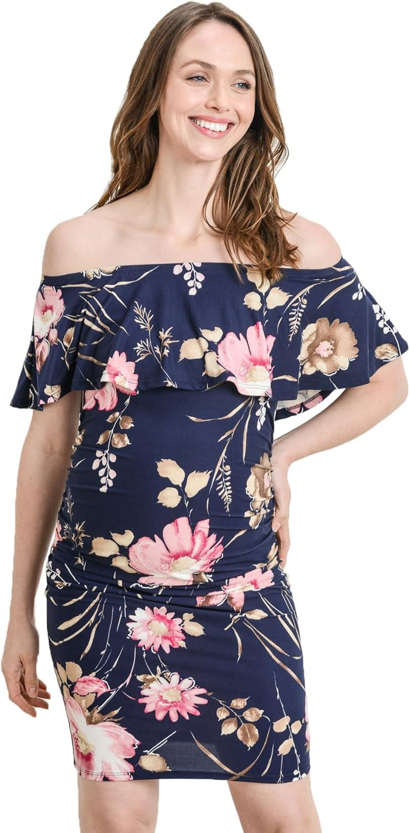 Hello MIZ Women'S Floral Ruffle off Shoulder Maternity Dress - Made in USA