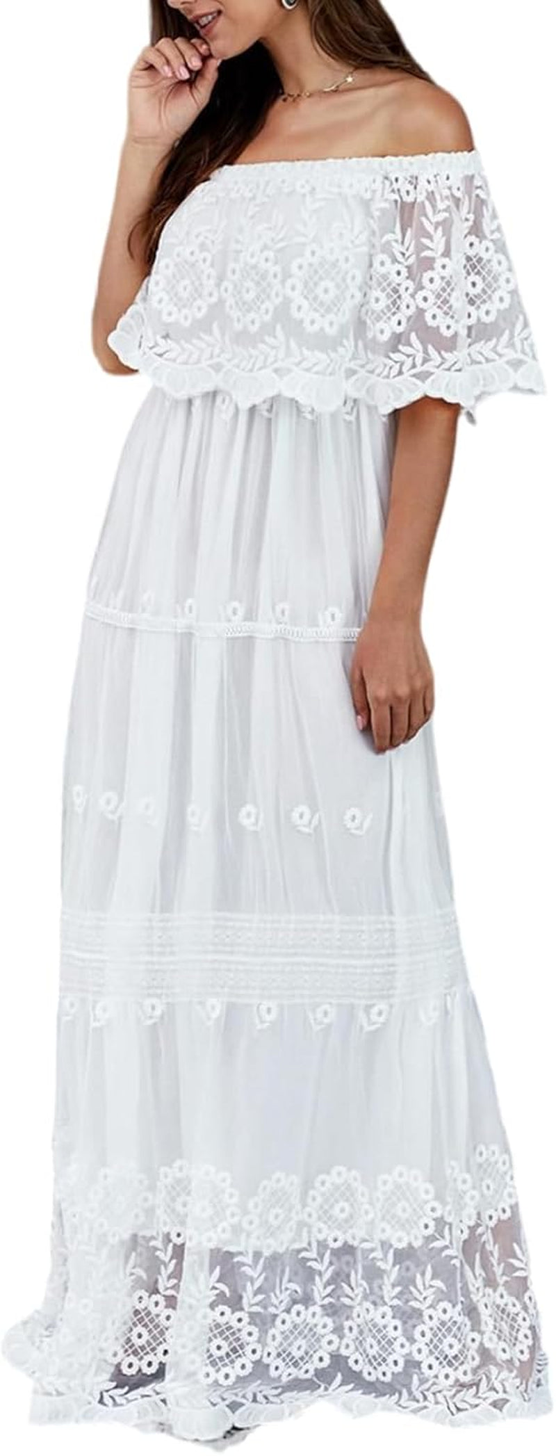 HOYISHION Women'S off the Shoulder Floral Lace Maxi Dress White Bridesmaid Wedding Party Maternity Photoshoot Long Dresses