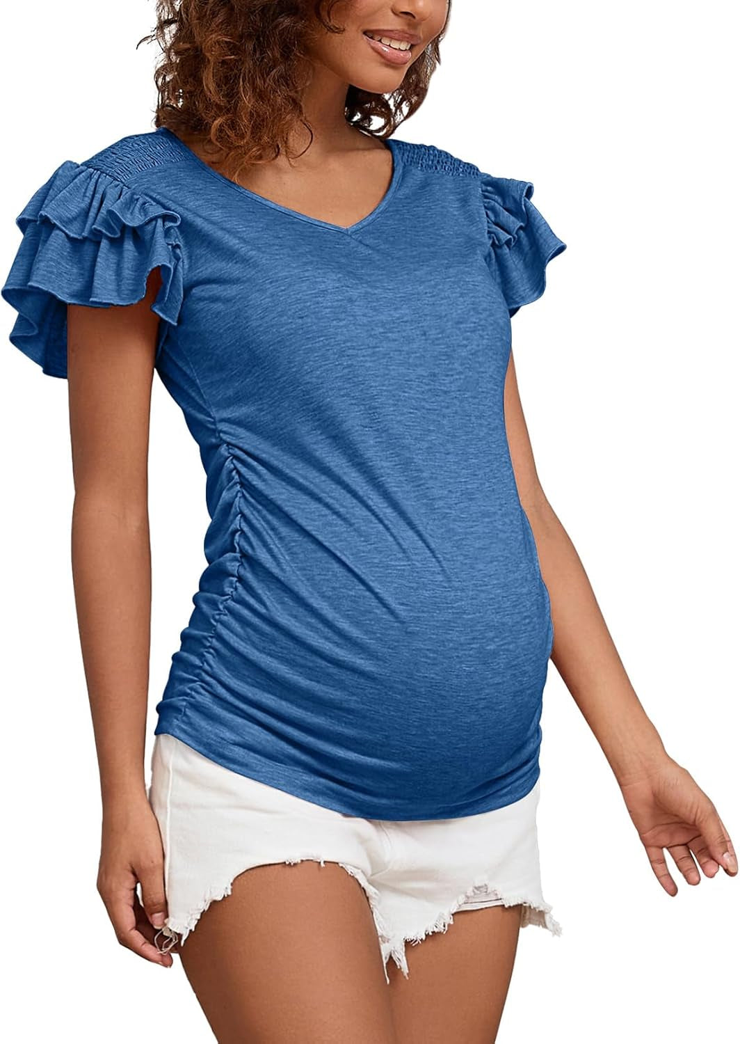 Bhome Maternity Summer Ruffle Tops,Casual Frilled V-Neck Short Sleeve Fitted Blouse Shirts Trendy for Women