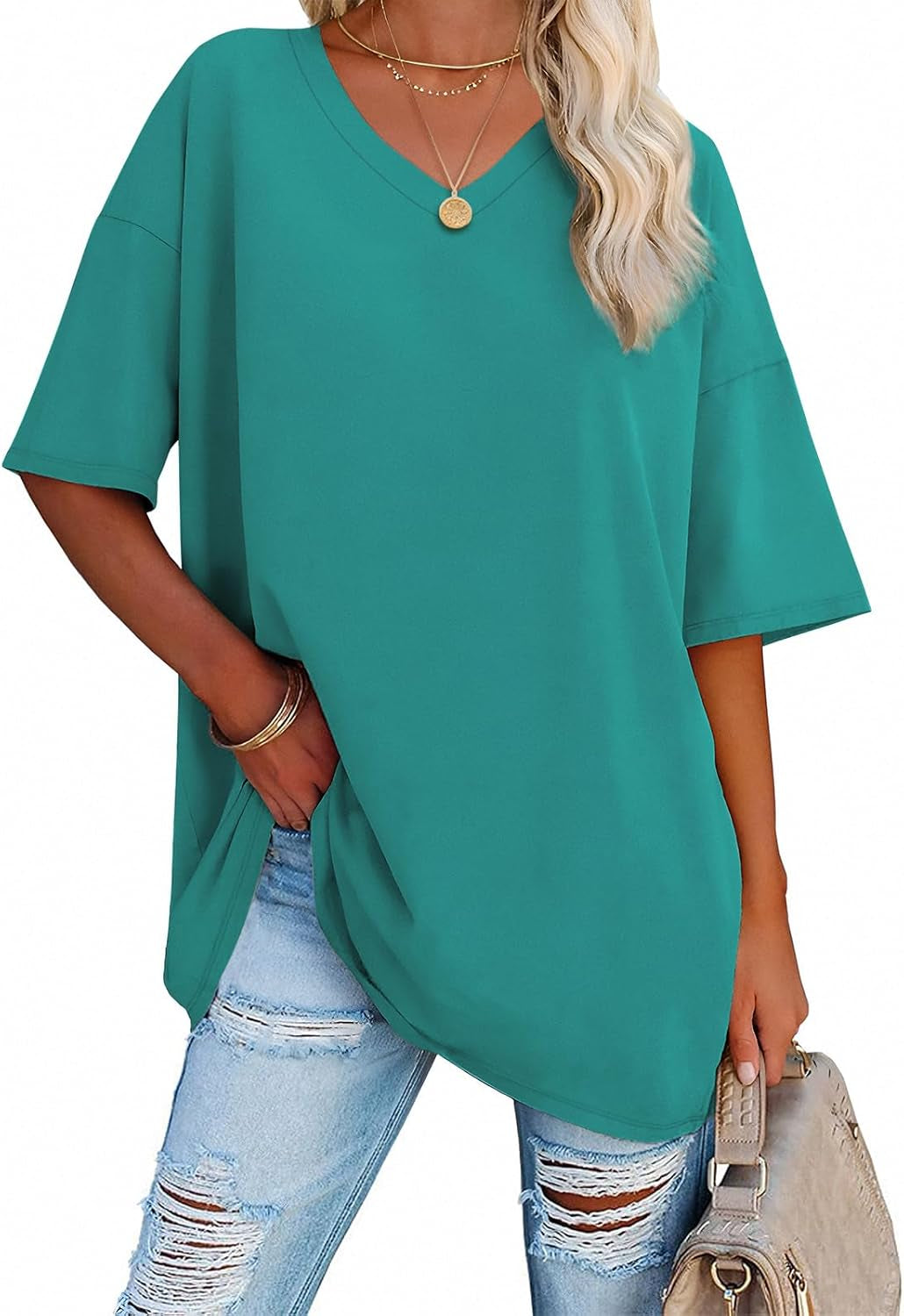 ATHMILE Womens Summer Oversized Shirts V Neck Business Casual Workout Tops Beach Vacation 2025 Gym Clothes