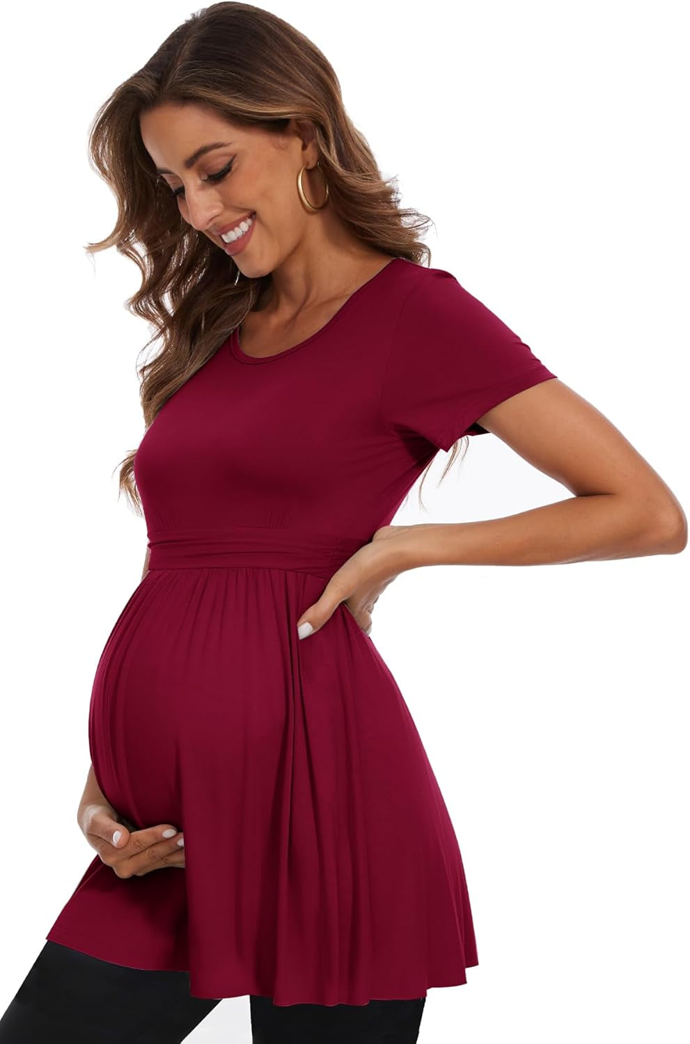 Women'S Maternity Tops Short & Long Sleeve Pleated Waist Shirts Pregnancy Clothes