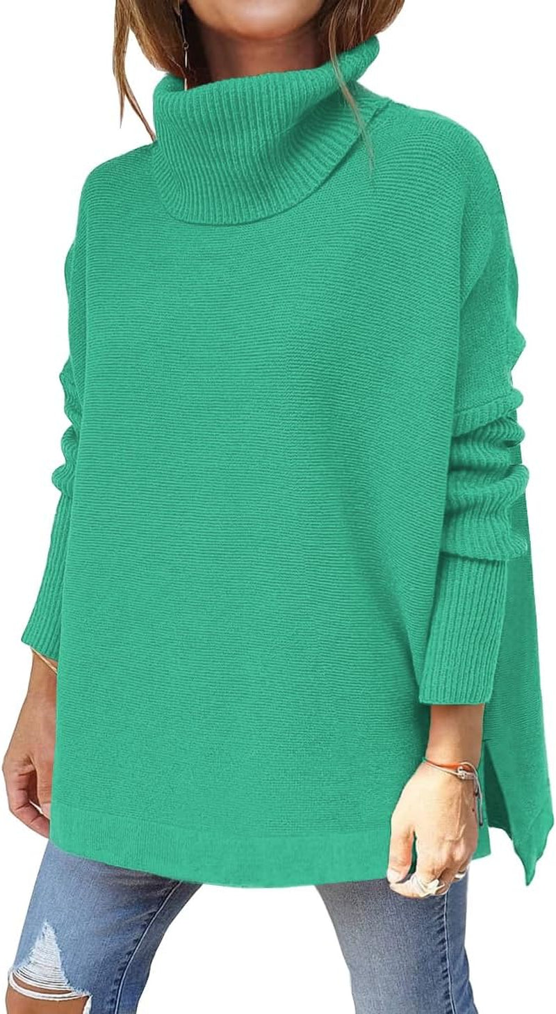 LILLUSORY Women'S Turtleneck Oversized Sweaters Long Batwing Sleeve Spilt Hem Tunic Pullover Knit Tops