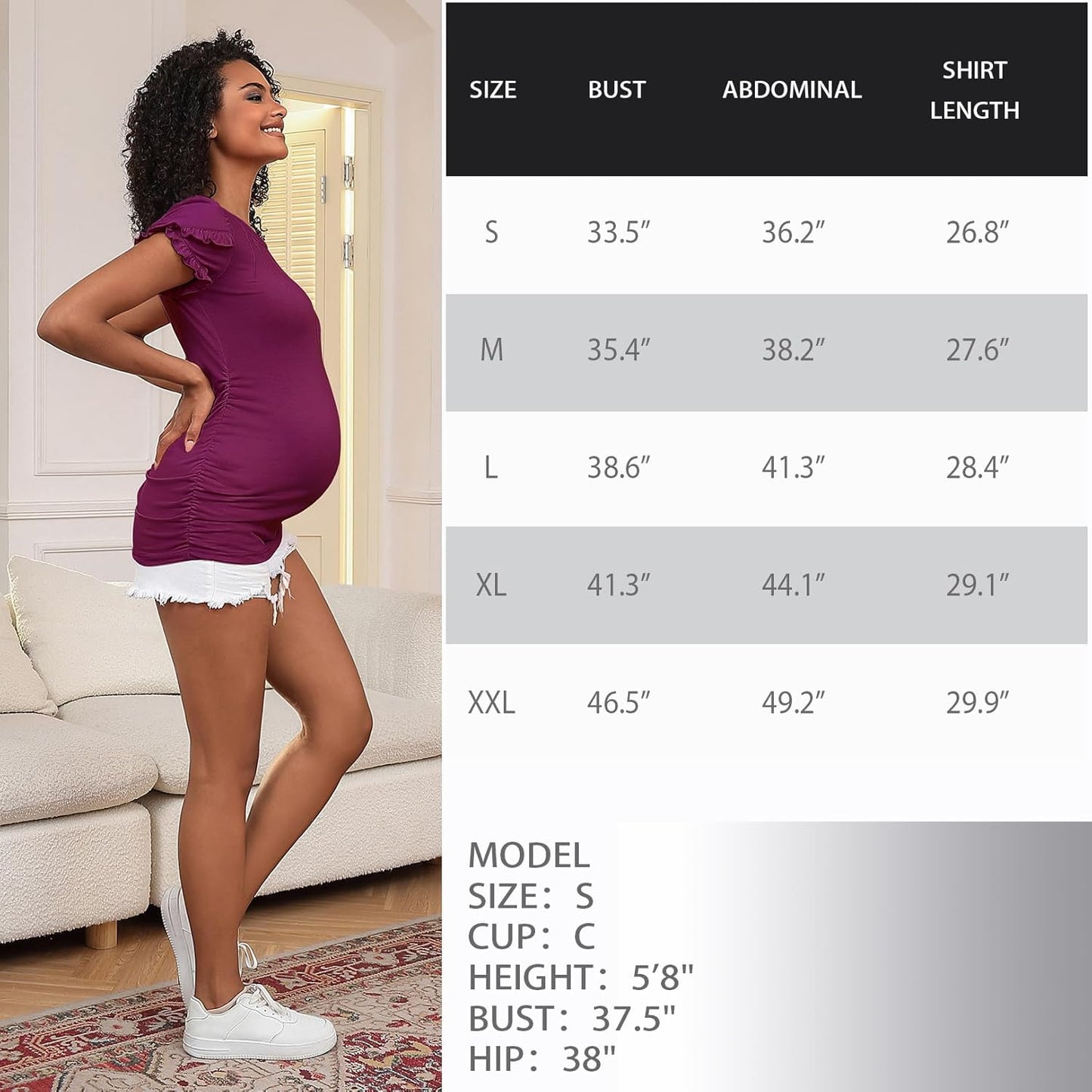 GINKANA Maternity Tops Short Petal Sleeve Tshirt Pleated round Neck Tee Ruched Sides Shirts Casual Tunic