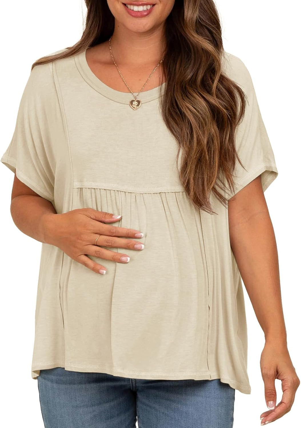 Tankaneo Womens Maternity Tops Summer Batwing Short Sleeve Casual T Shirts Oversized Pleated Pregnancy Clothes