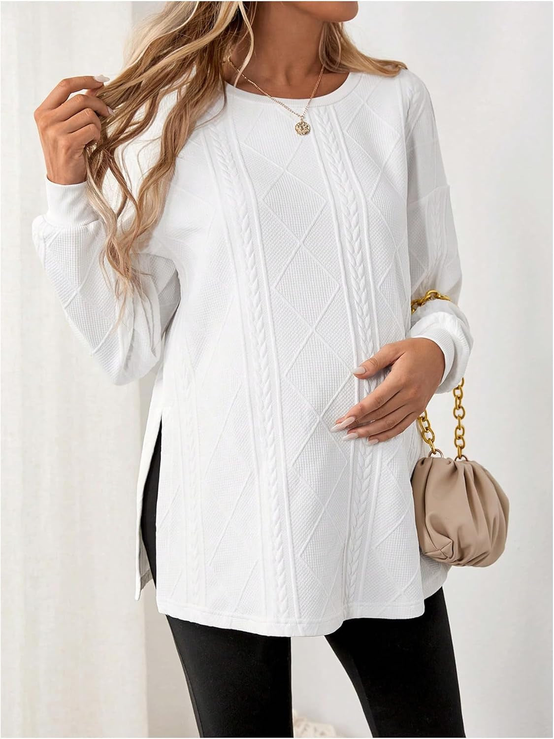 Makemechic Women'S Maternity Sweatshirt round Neck Long Sleeve Split Hem Pregnancy Pullover Tops