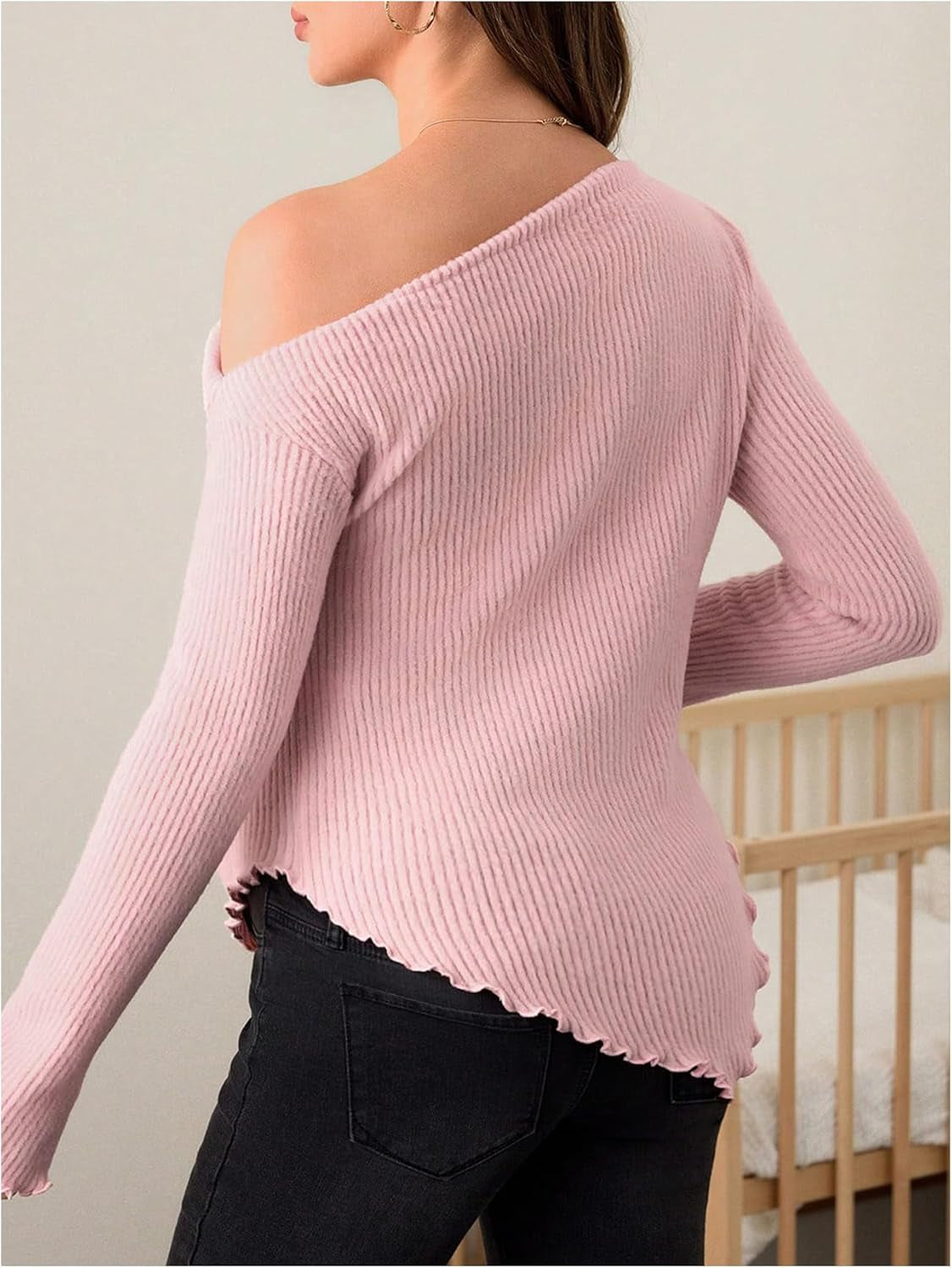Makemechic Women'S Maternity Tops One Shoulder Ruched Asymmetrical Lettuce Trim Pregnancy Rib Knit Tee Shirt