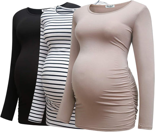 Bearsland Womens Maternity Long Sleeve Tshirt 3 Packs Classic Side Ruched Tee Top Mama Pregnancy Clothes