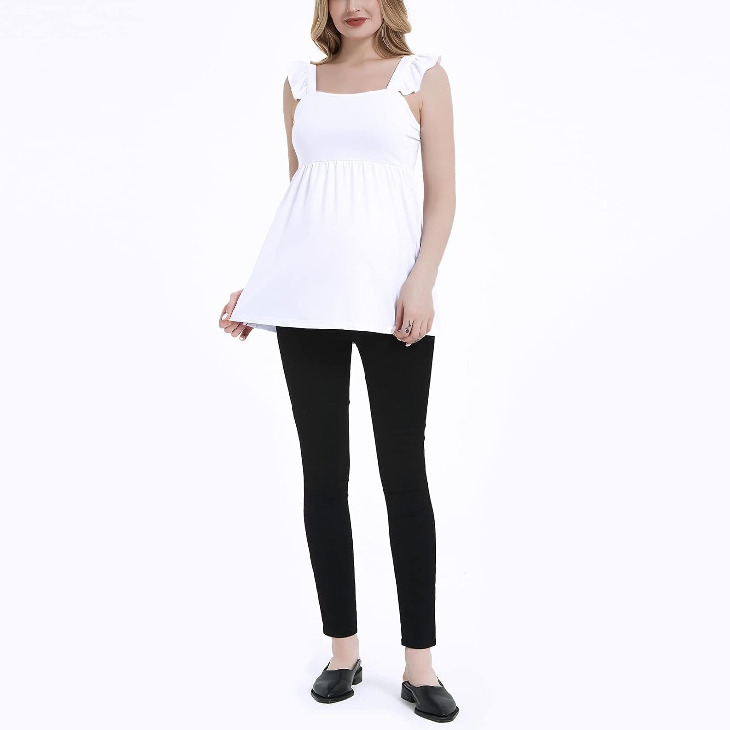 DEBELLY Women'S Maternity Peplum Tops Square Neck Ruffle Strap Sleeveless Pregnancy Tank Top Mama Cute Babydoll Blouse Summer