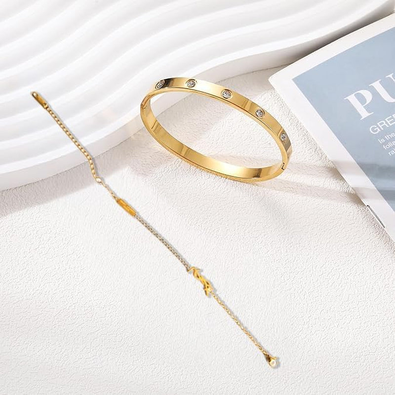18K Gold Plated Initial Bracelet Love Bangle Open Cuff Set for Women, Stackable Adjustable Link Bracelet, Trendy Stack Jewelry Gift