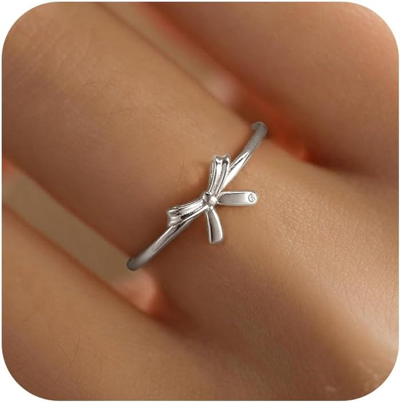 Bow Rings for Women Mother Daughter Friendship Knot Ring 925 Sterling Silver Dainty 14K Gold Plated Promise Rings for Her Birthday Graduation Gifts