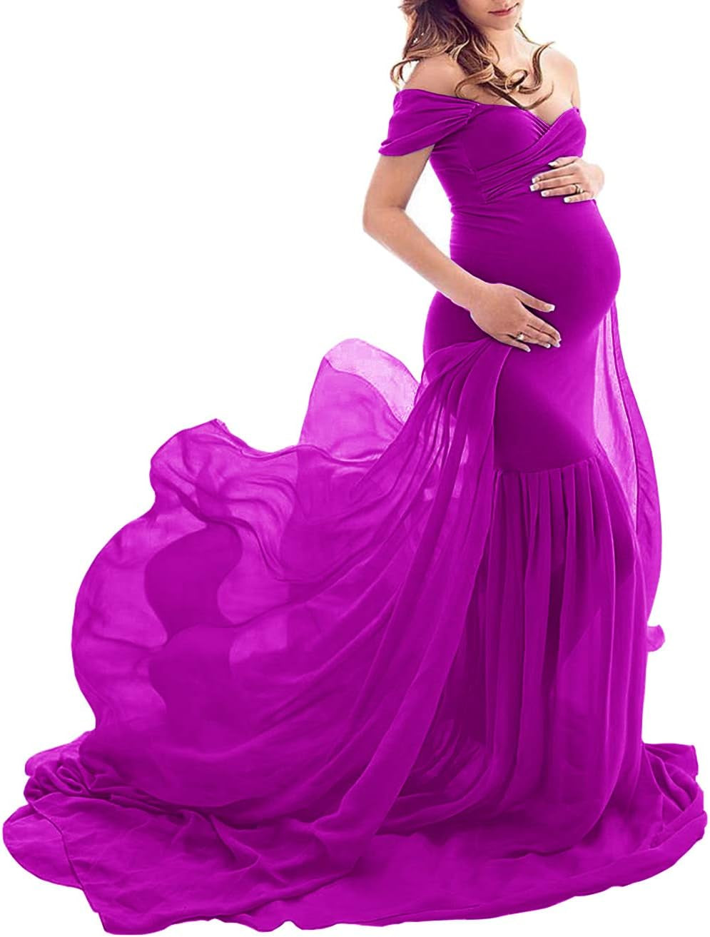 ZIUMUDY Maternity Chiffon Mermaid Gown off Shoulder Dropped Sleeve Fitted Photo Shoot Photography Dress