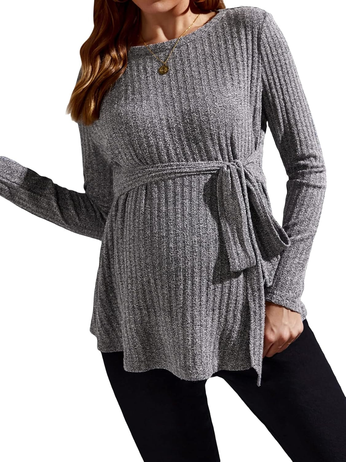 Makemechic Women'S Maternity Shirts Casual Long Sleeve Tie Front Ribbed Knit Pregnancy Tee Top