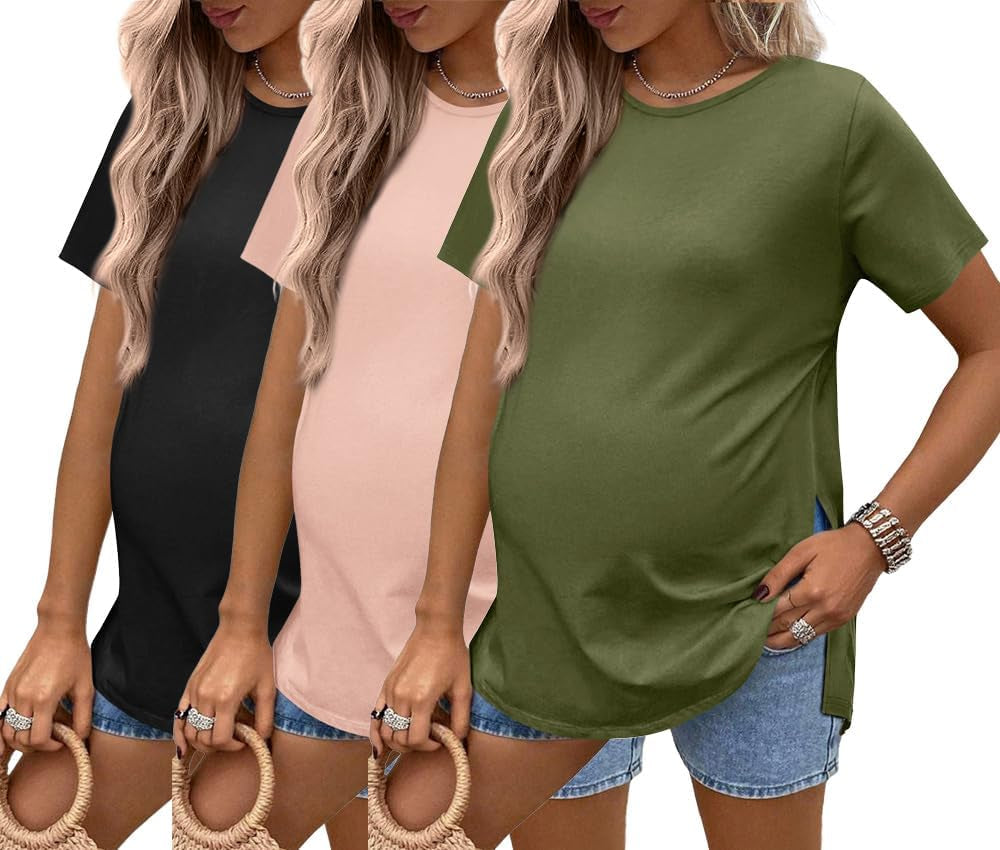 Ekouaer 3 Pack Maternity Shirts Short Sleeve Split Side Pregnancy Tops Casual Pregnant Tunic Blouse