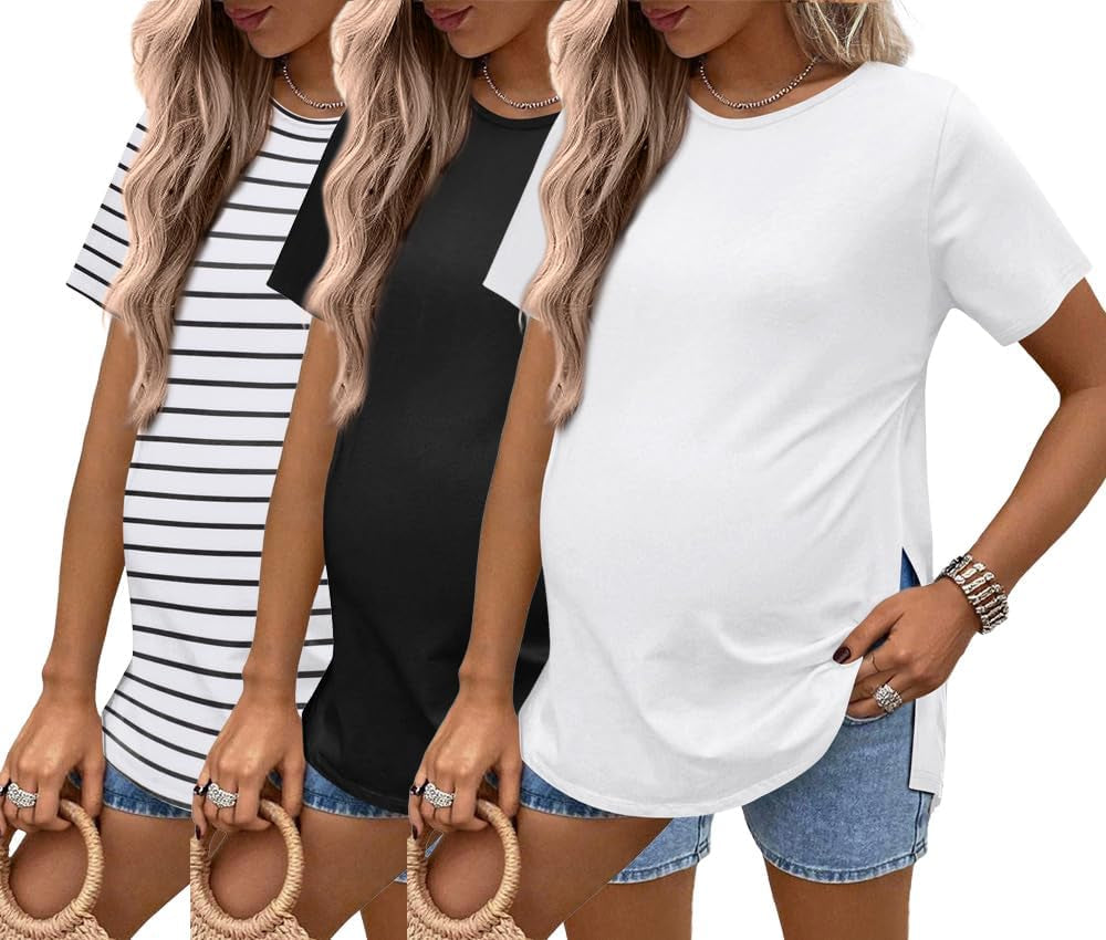 Ekouaer 3 Pack Maternity Shirts Short Sleeve Split Side Pregnancy Tops Casual Pregnant Tunic Blouse