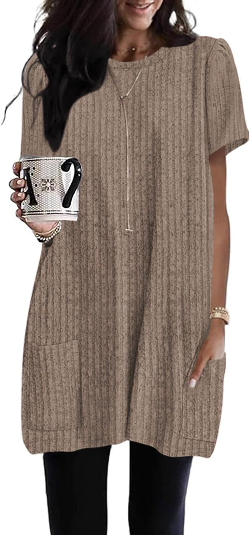 Naggoo Summer Womens Tunic Tops for Leggings with Pockets Loose Fit Short Sleeve Casual Long T Shirts