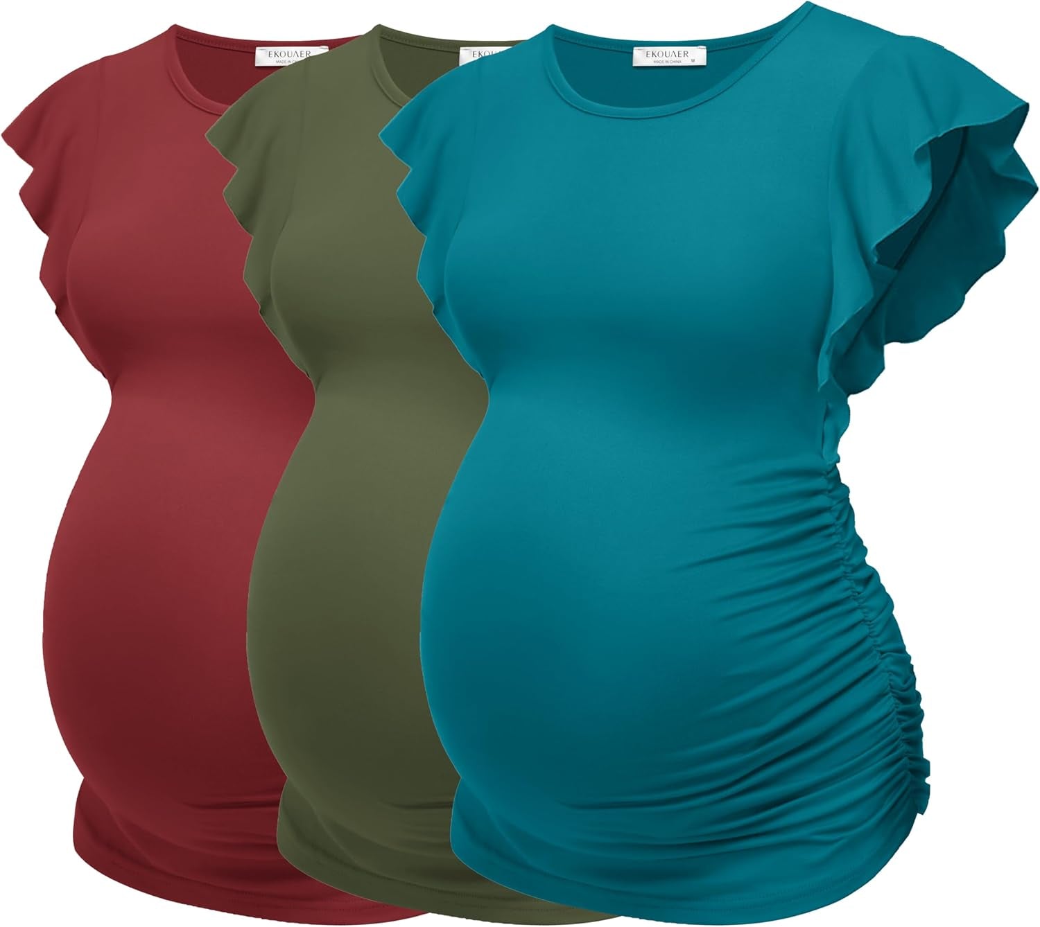 Ekouaer Women'S Maternity Shirts 3 Packs Flying Short Sleeve Pregnancy Tops Side Ruched Tunic Blouse Mama Clothes S-XXL
