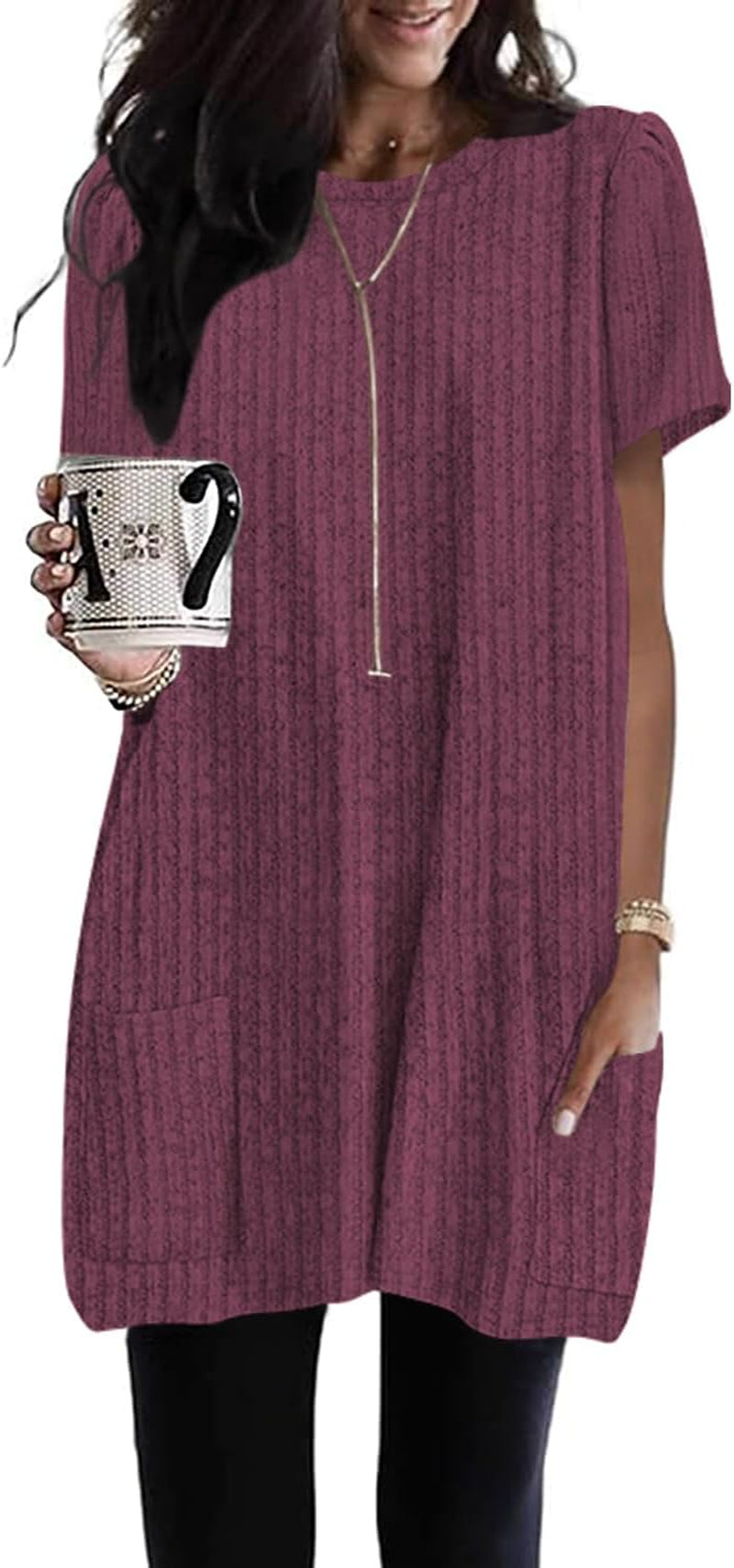 Naggoo Summer Womens Tunic Tops for Leggings with Pockets Loose Fit Short Sleeve Casual Long T Shirts