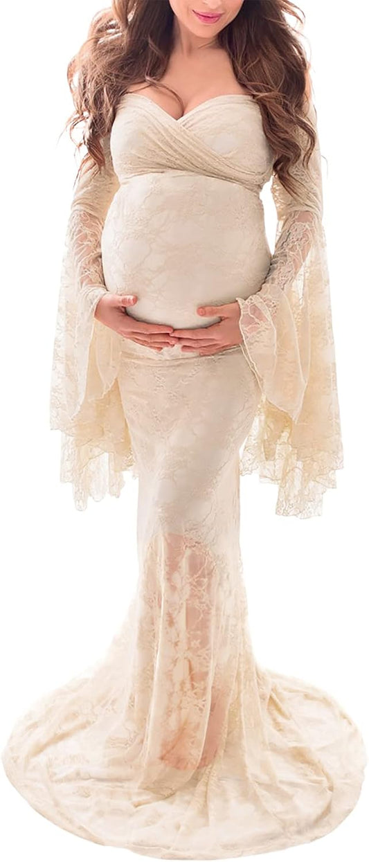 Saslax off Shoulder Lace Maternity Dress for Photography Maxi Maternity Props Dresses for Photo Shoot Baby Shower