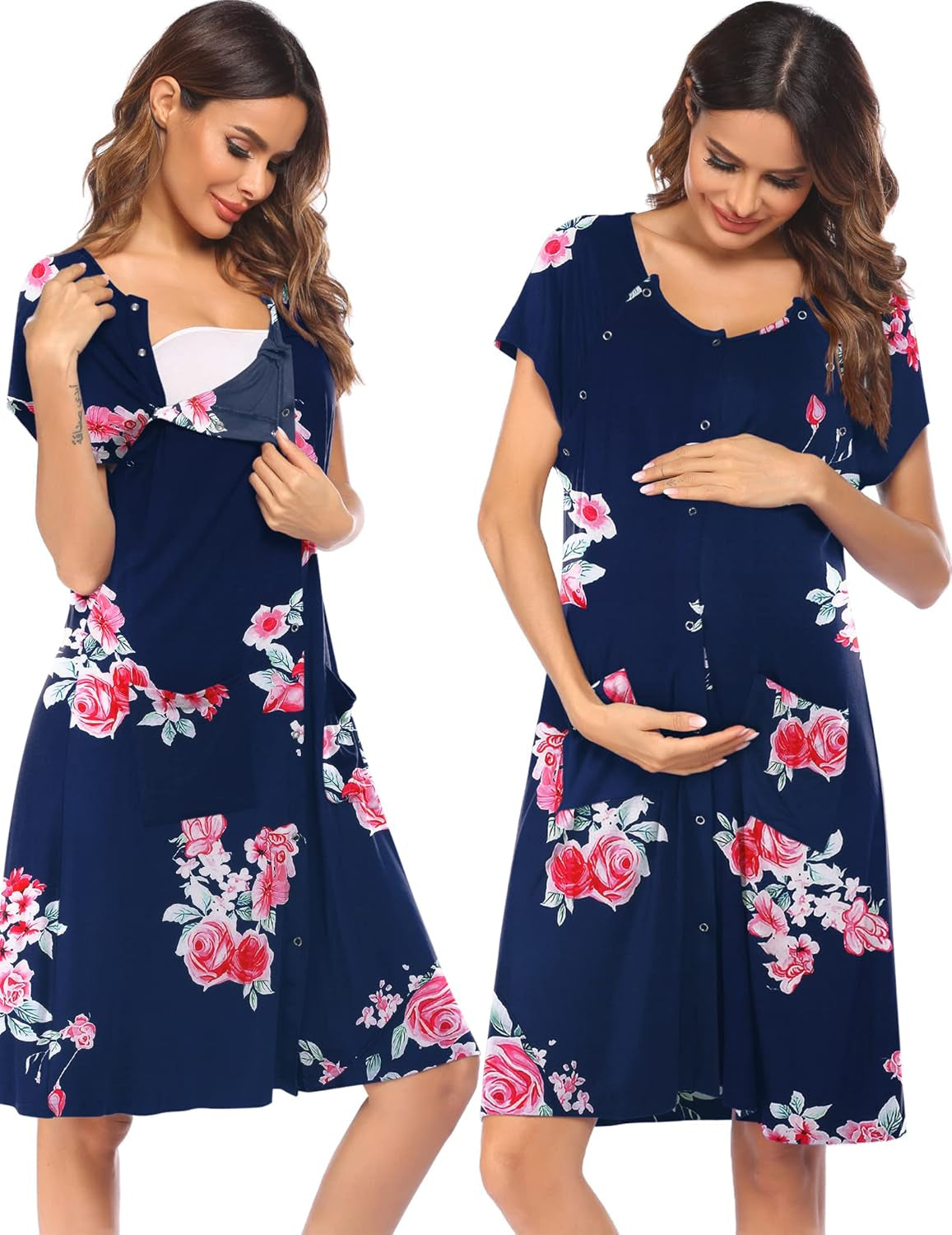 Ekouaer 3 in 1 Labor/Delivery/Hospital Gown Nursing Dress Maternity Nightgown Sleepwear for Breastfeeding with Button S-XXL