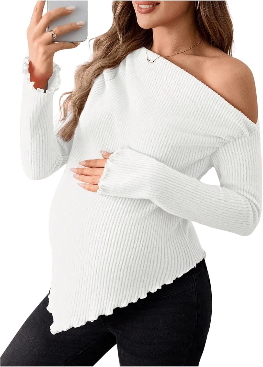 Makemechic Women'S Maternity Tops One Shoulder Ruched Asymmetrical Lettuce Trim Pregnancy Rib Knit Tee Shirt