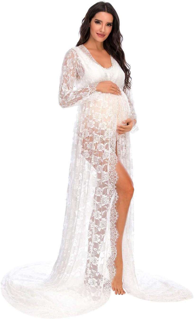 ZIUMUDY Maternity Deep V-Neck Split Front See-Through Maxi Lace Dress for Photography with Long Sleeve