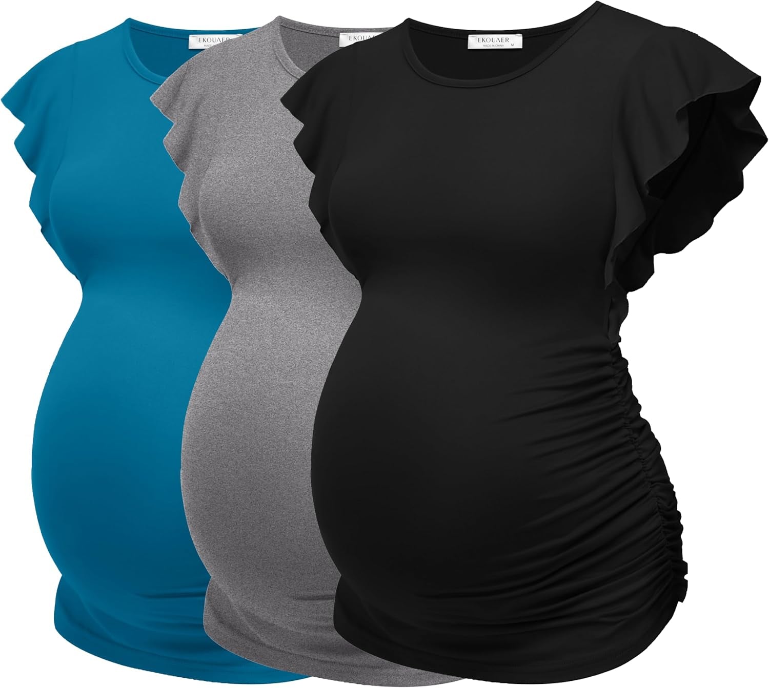 Ekouaer Women'S Maternity Shirts 3 Packs Flying Short Sleeve Pregnancy Tops Side Ruched Tunic Blouse Mama Clothes S-XXL