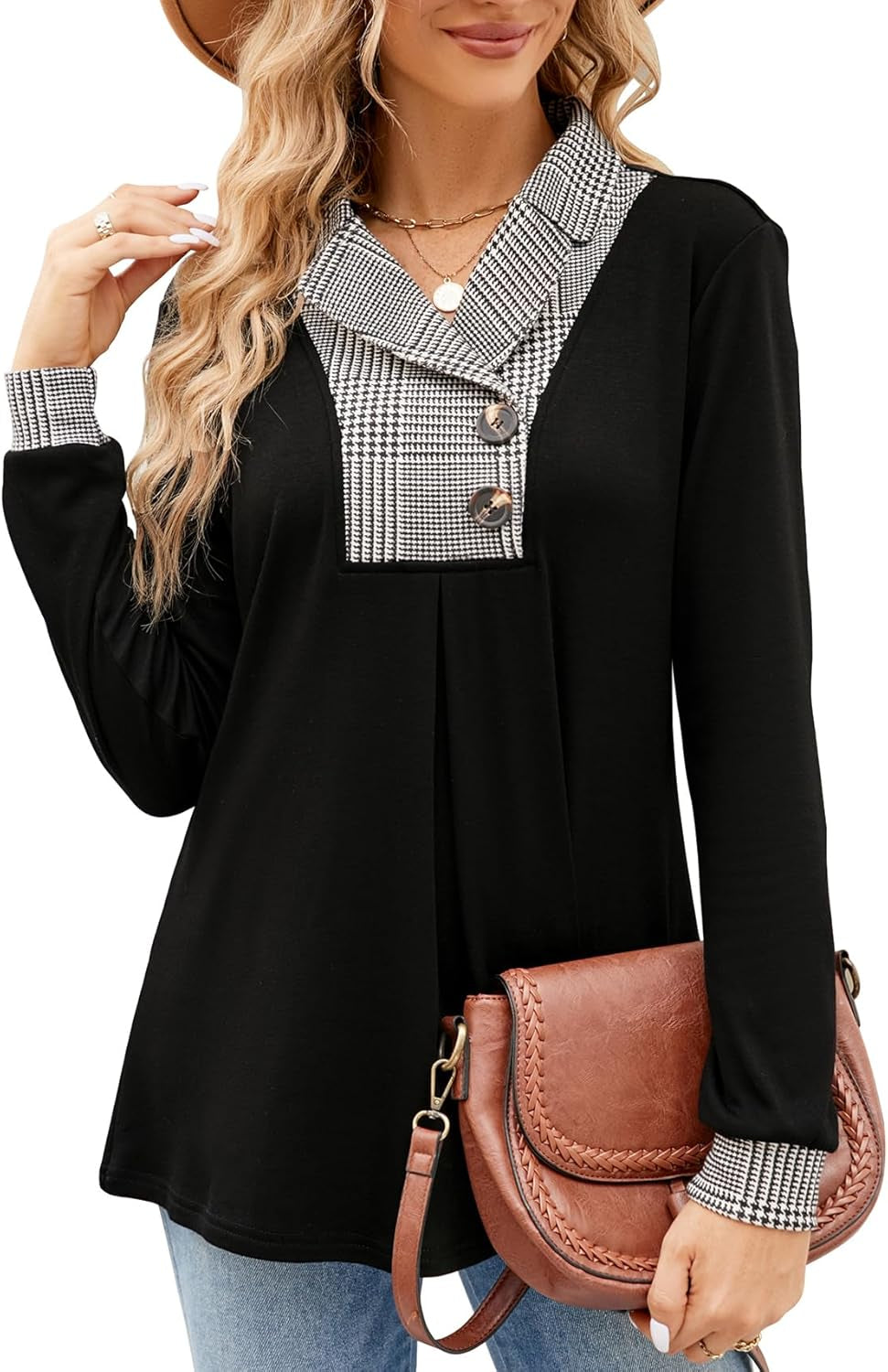 Newchoice Womens Long Sleeve Tunic Tops for Leggings Casual Notch Collared Button Sweatshirts Pullover Shirt Tops