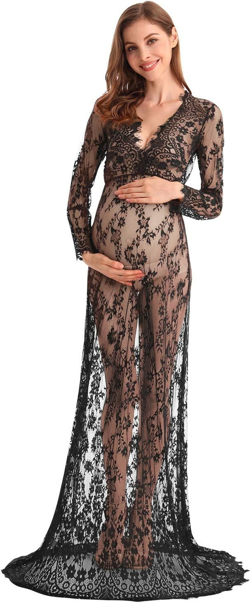 MYRISAM Boudoir Maternity Long Sleeve Lace Dress Women Deep V-Neck Wedding Party Long Dress Milk Bath Photoshoot Gown