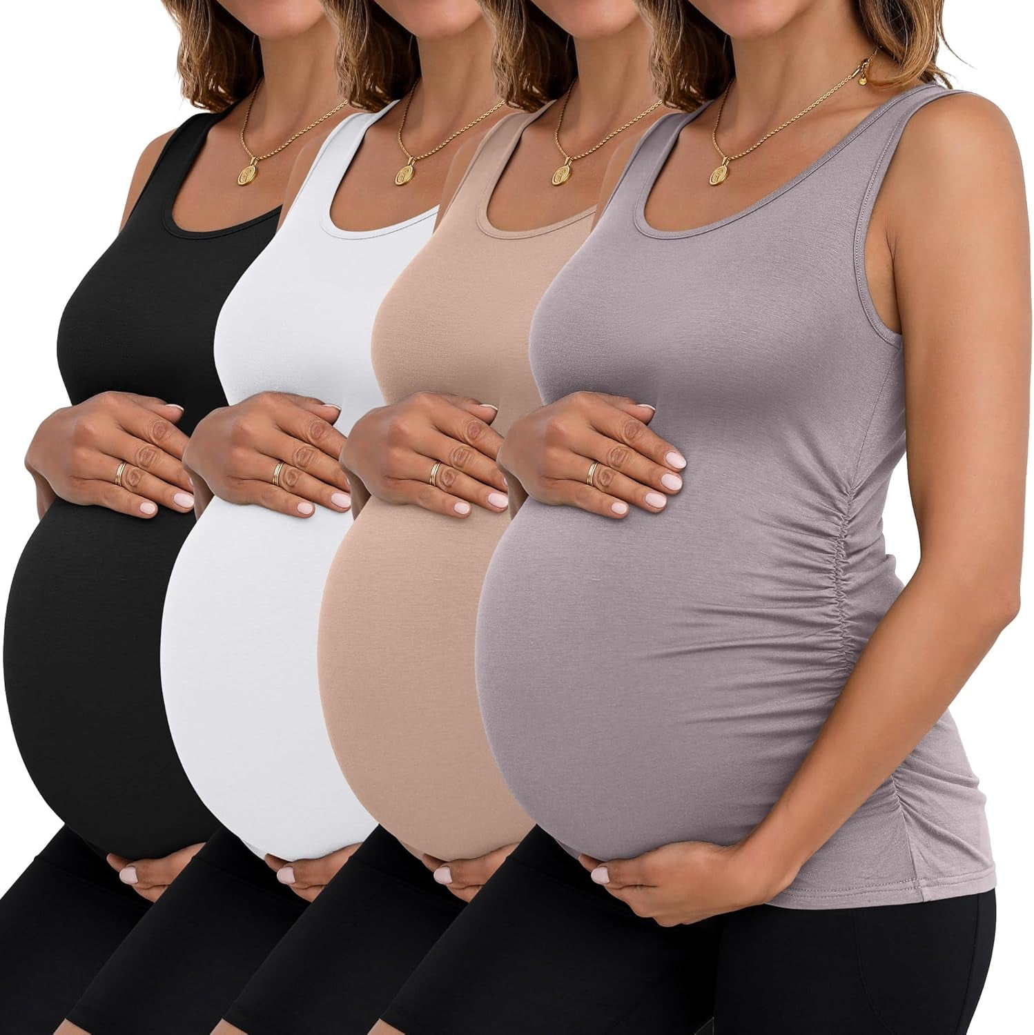 Ficerd 4 Pack Women'S Maternity Tank Tops Sleeveless Side Ruched Top Crew Neck Casual Pregnancy T-Shirts Summer Basic