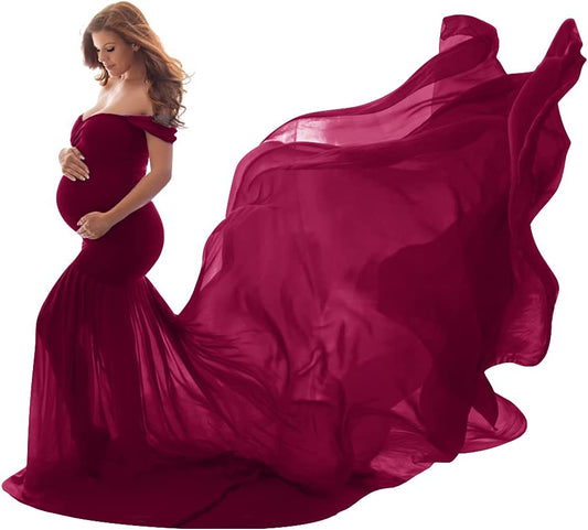 Women Maternity Dress for Photography Mermaid off Shoulder Slim Fitted Chiffon Gown Flowy Baby Shower Maxi Photo Props Dress