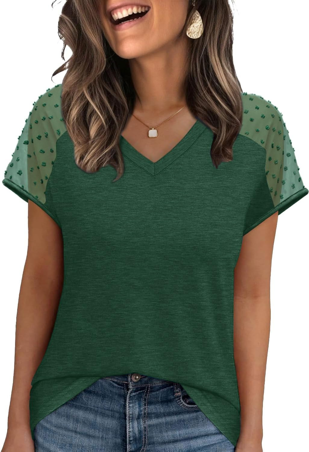 WIHOLL Summer Tops for Women V Neck T-Shirts Swiss Dot Short Sleeve Shirts Casual Fashion Blouses
