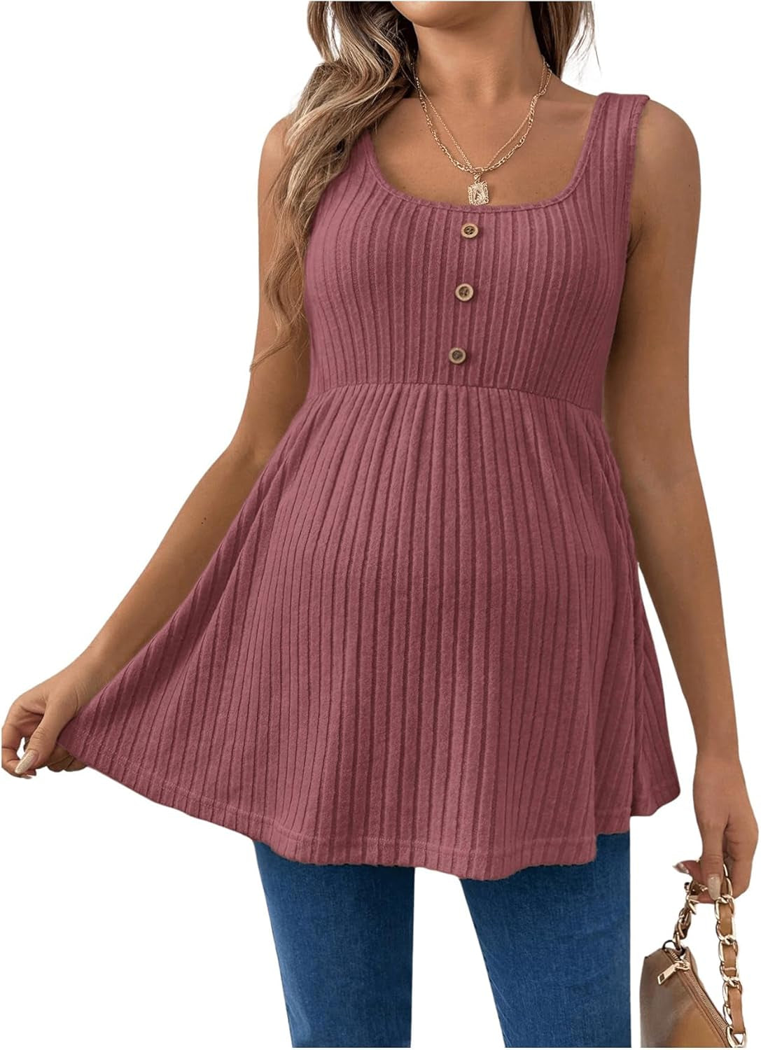 Makemechic Women'S Maternity Tank Tops Summer Rib Knitted Flared Hem Sleeveless Buttoned Pregnancy Shirt Tops
