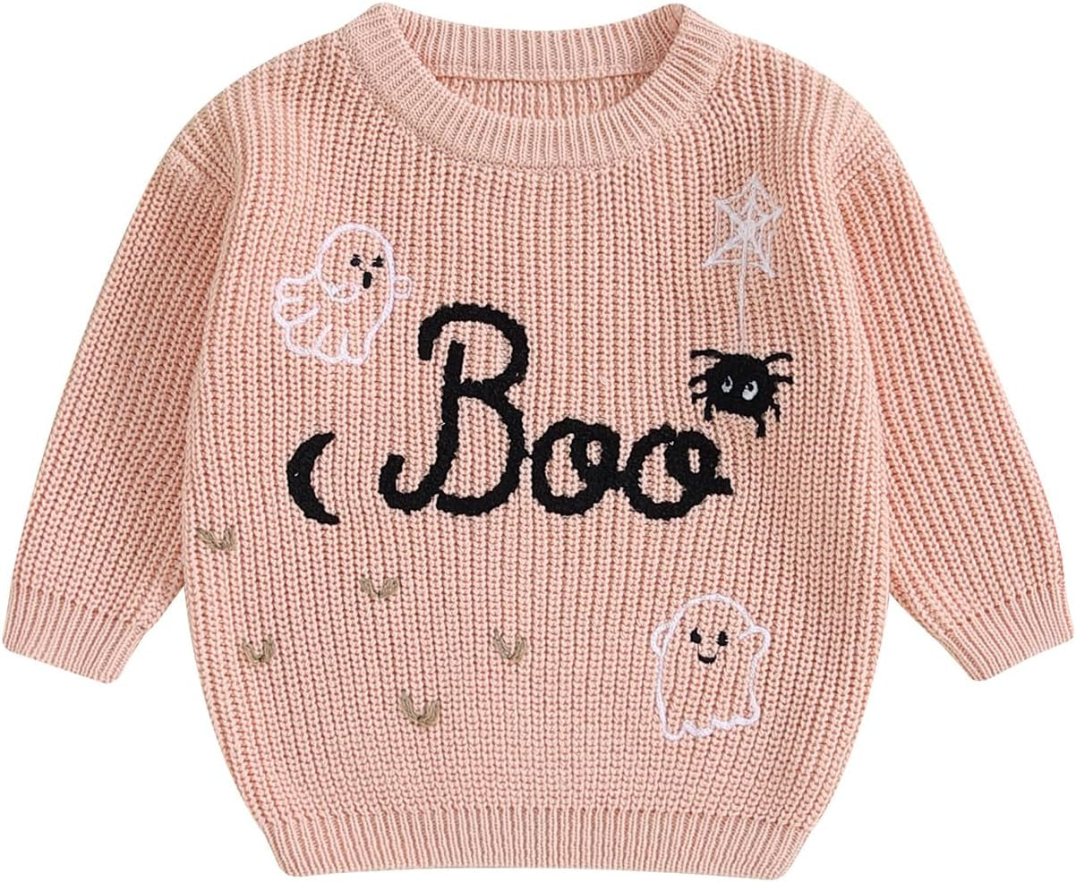 Baby Halloween Sweater Pumpkin Print Long Sleeve Crewneck Embroidery Knit Sweatshirt Toddler Fall Winter Pullover