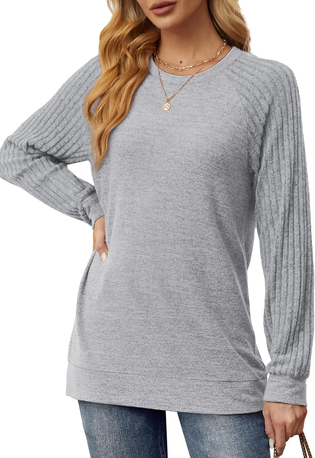 Saloogoe Tunic Sweatshirts for Women Crewneck Lightweight Sweaters Raglan Long Sleeve Shirts Fall Fashion Tops 2024