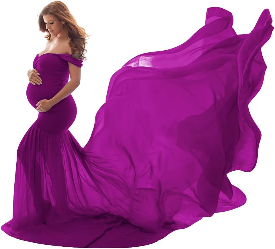 Women Maternity Dress for Photography Mermaid off Shoulder Slim Fitted Chiffon Gown Flowy Baby Shower Maxi Photo Props Dress