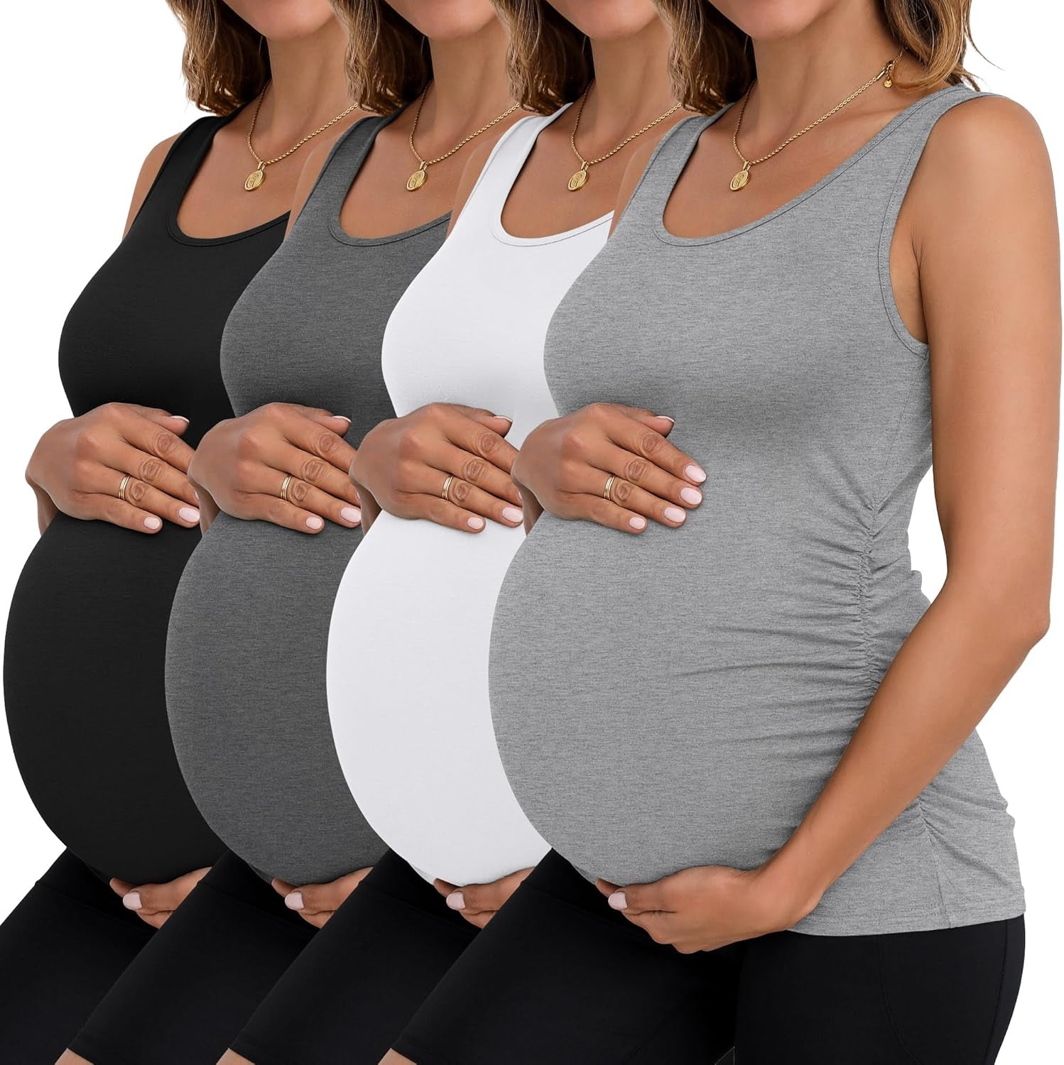 Ficerd 4 Pack Women'S Maternity Tank Tops Sleeveless Side Ruched Top Crew Neck Casual Pregnancy T-Shirts Summer Basic