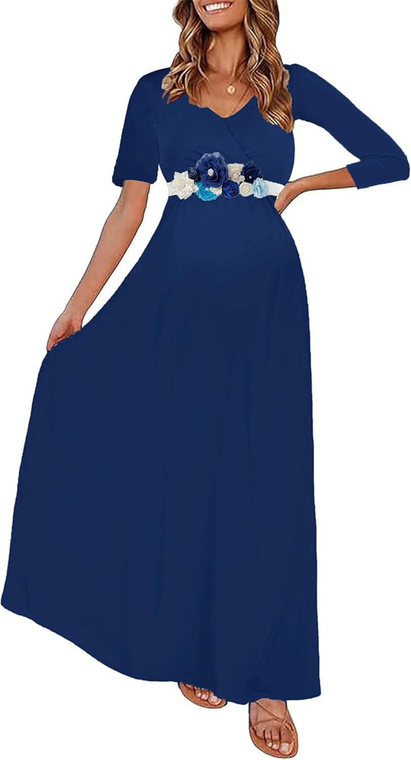 KIM S Maternity Maxi Dress with Flower Sash(S-3Xl)/Wrapped Ruched V Neck Photoshoot Baby Shower Dresses
