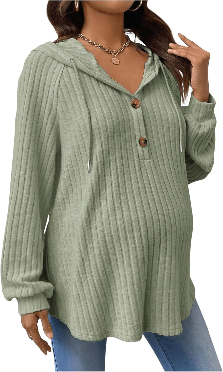 Makemechic Women'S Maternity Sweatshirt Drawstring Button Long Sleeve Knitted Hoodie Pullover Sweater Pregnancy Tops