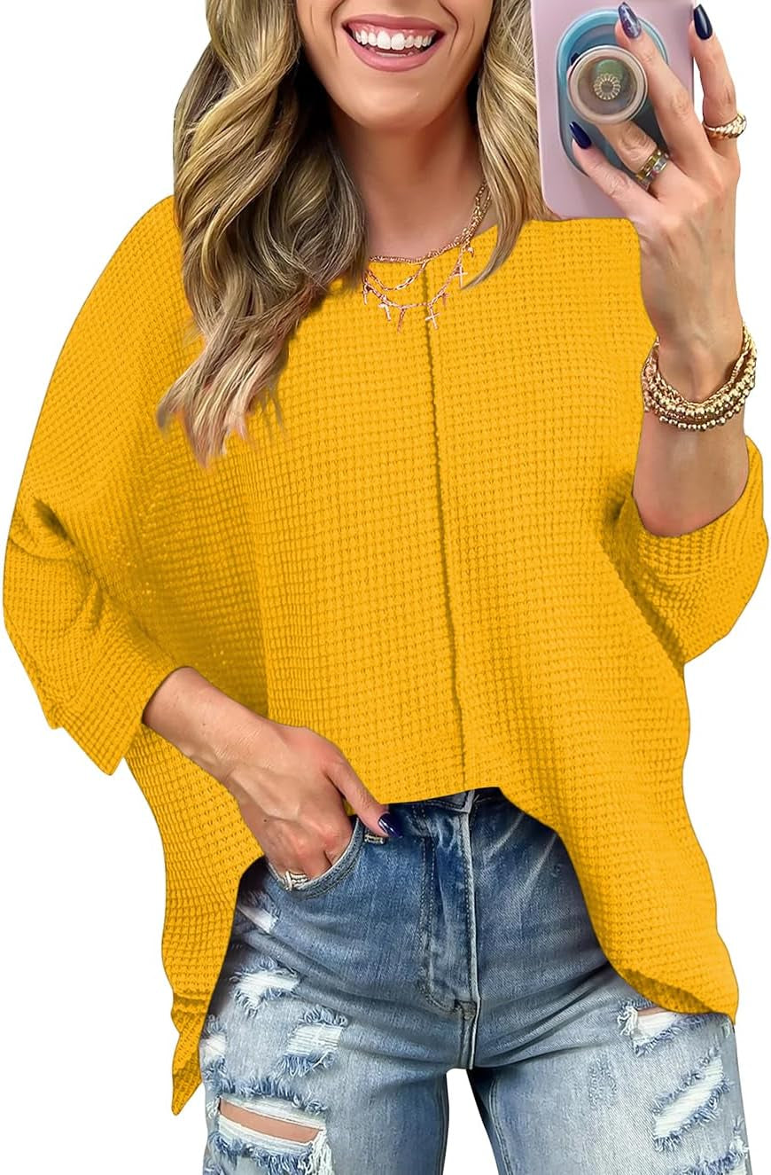 Poetsky Womens 2025 Spring 3/4 Sleeve Crewneck Waffle Knit Shirt Loose Casual Side Split Tunic Tops
