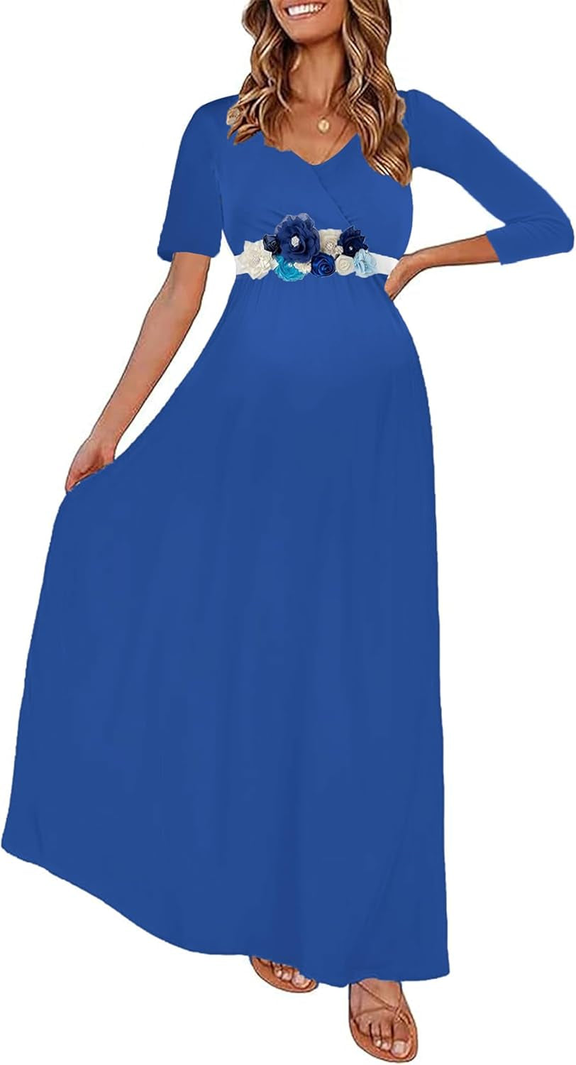 KIM S Maternity Maxi Dress with Flower Sash(S-3Xl)/Wrapped Ruched V Neck Photoshoot Baby Shower Dresses