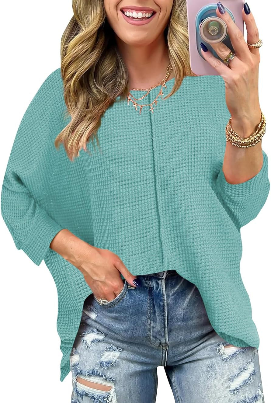 Poetsky Womens 2025 Spring 3/4 Sleeve Crewneck Waffle Knit Shirt Loose Casual Side Split Tunic Tops