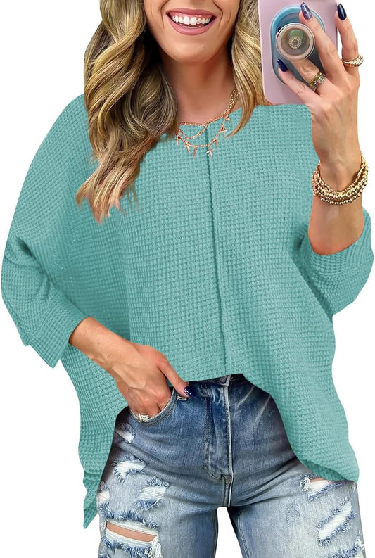 Poetsky Womens 2025 Spring 3/4 Sleeve Crewneck Waffle Knit Shirt Loose Casual Side Split Tunic Tops