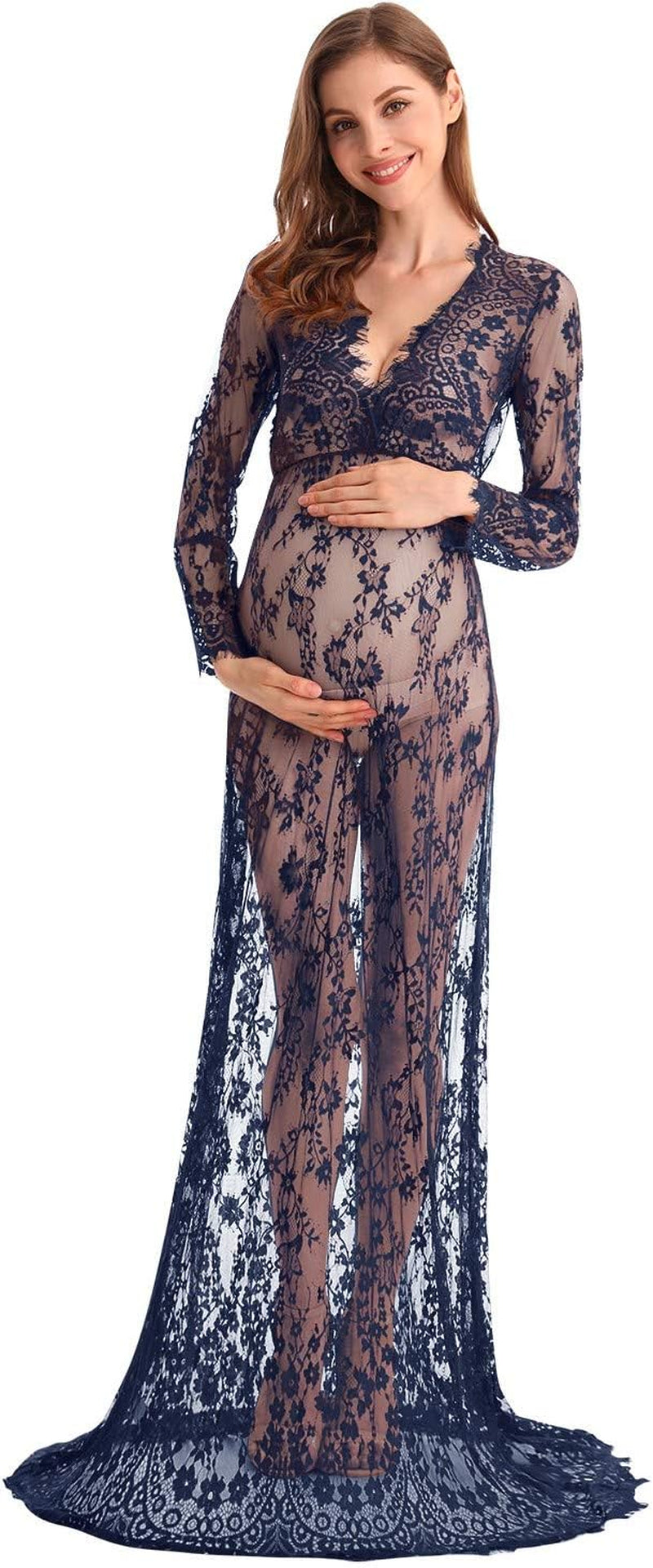 MYRISAM Boudoir Maternity Long Sleeve Lace Dress Women Deep V-Neck Wedding Party Long Dress Milk Bath Photoshoot Gown