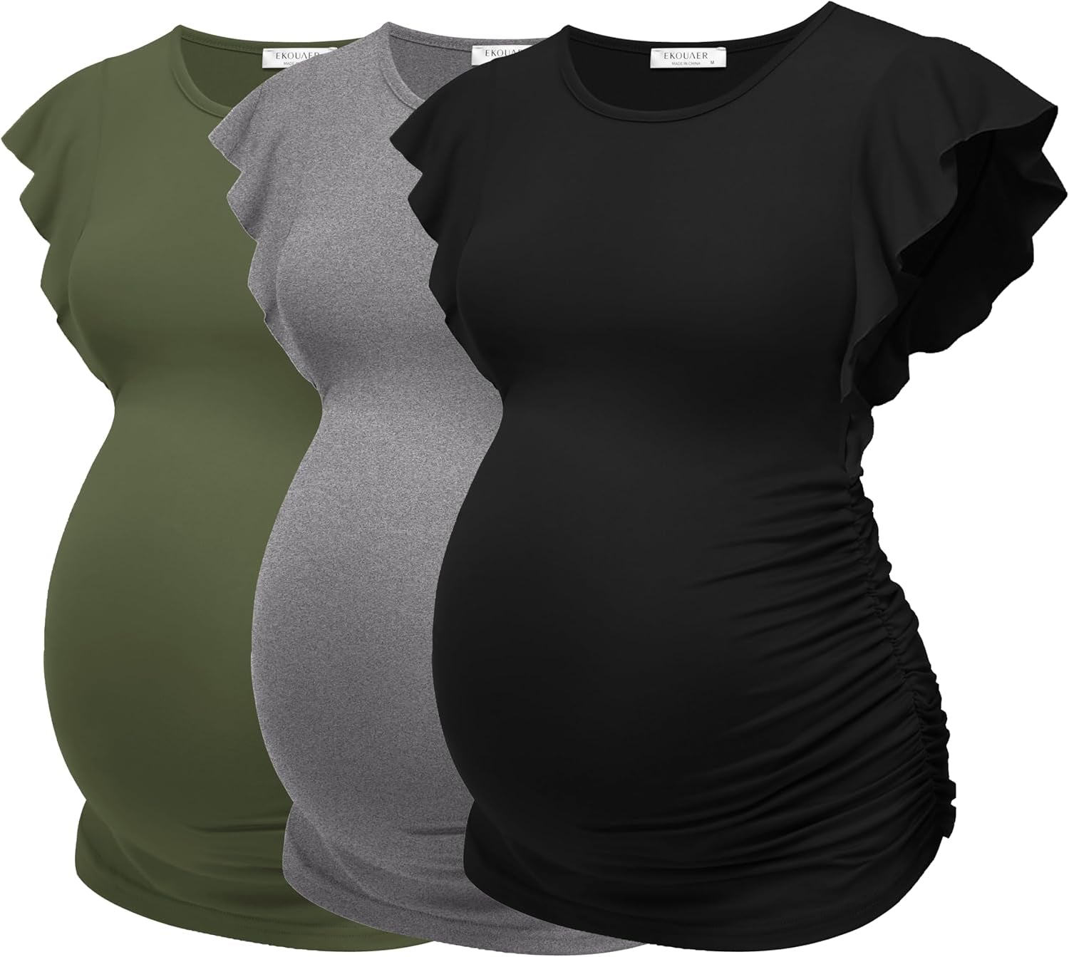 Ekouaer Women'S Maternity Shirts 3 Packs Flying Short Sleeve Pregnancy Tops Side Ruched Tunic Blouse Mama Clothes S-XXL