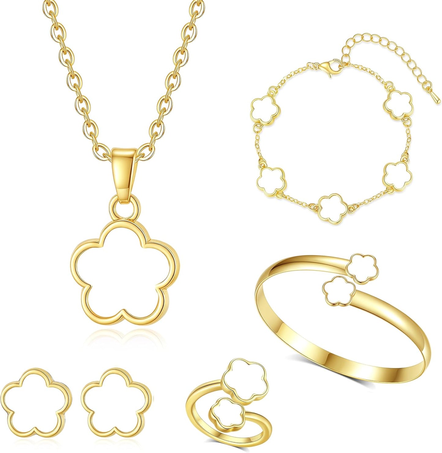 Clover Jewelry Set for Women Non Tarnish Gold-Tone Five Leaf Clover Necklace, Earrings, Ring, Bracelet Fashion Simple Floral Jewelry Set