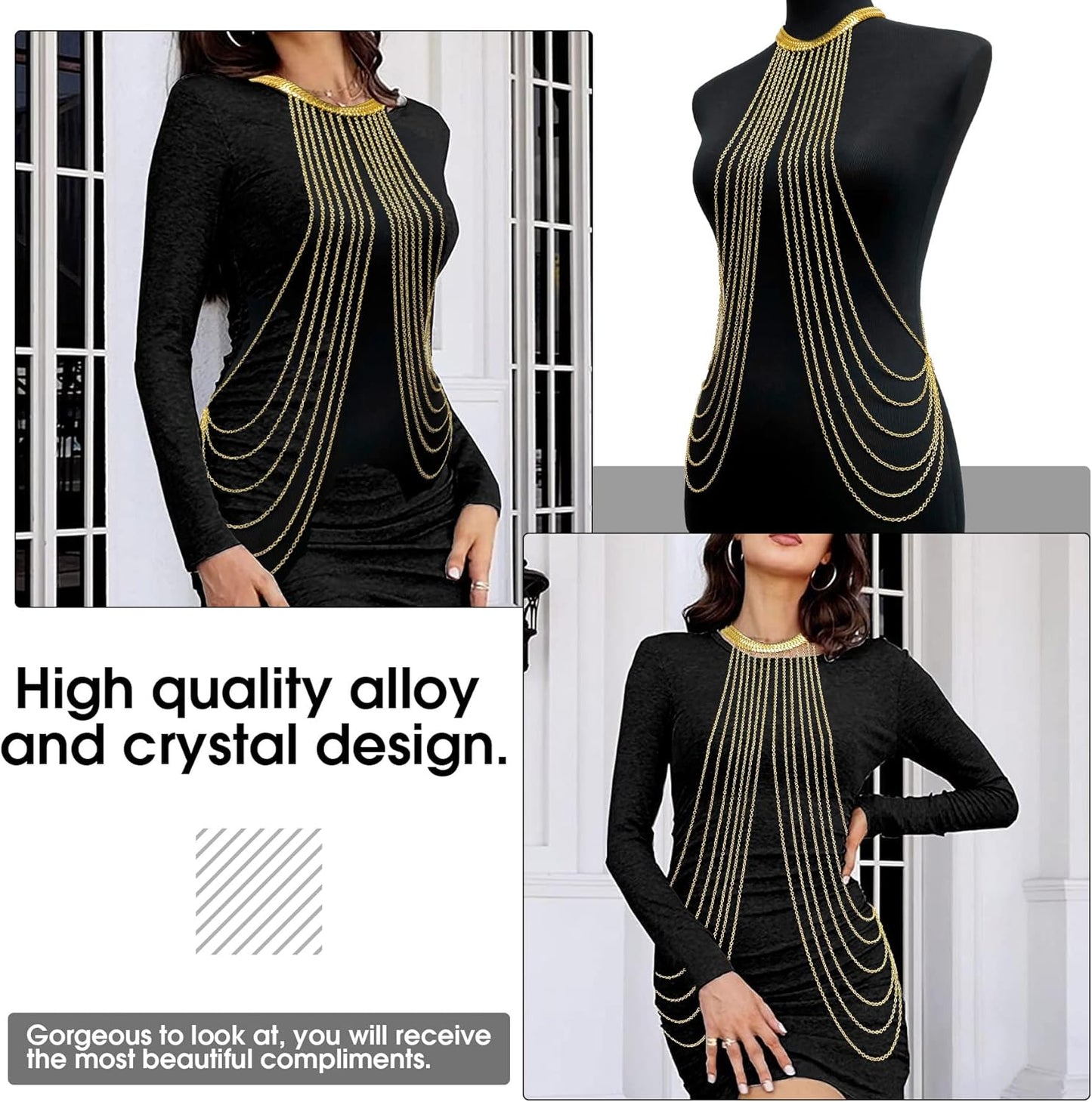 Yomiie Body Chain Layered Gold Tassels Necklace Fashion Jewelry Belly Waist Bra Boho Hot Bikini Beach Harness Anniversary Festival Gift for Women Lady