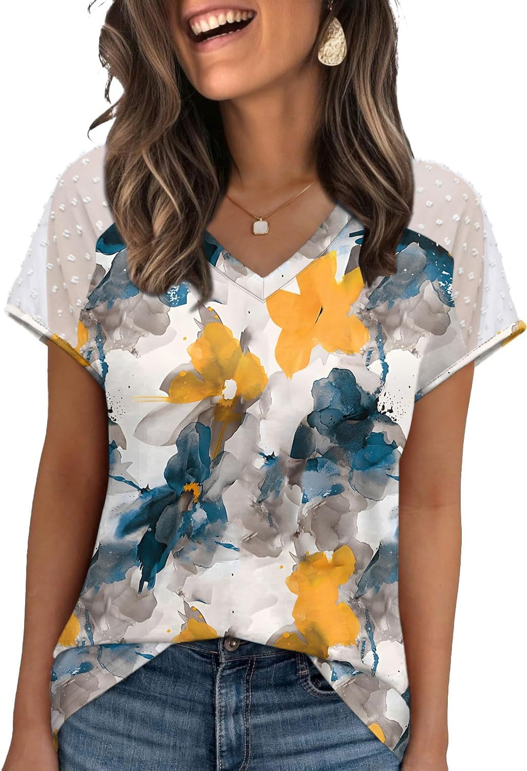 WIHOLL Summer Tops for Women V Neck T-Shirts Swiss Dot Short Sleeve Shirts Casual Fashion Blouses
